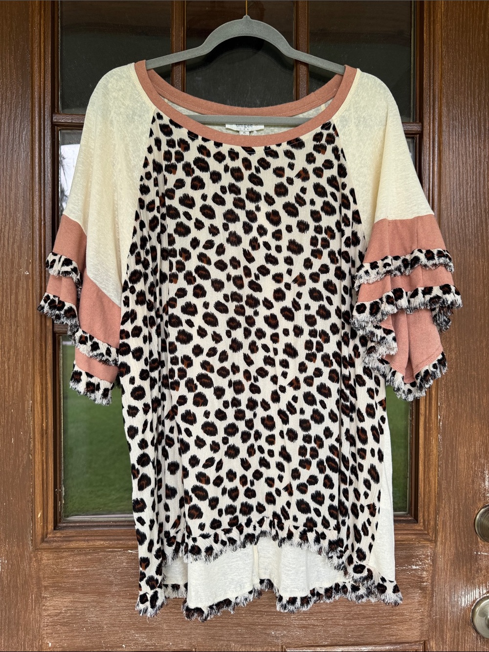 Umgee Cream and Rust Leopard Print Ruffle Sleeve Tunic
